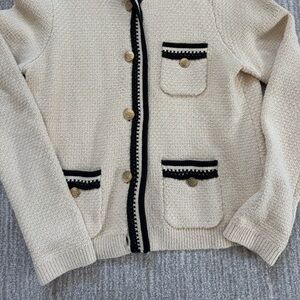 J. Crew Cream Bouclé Cardigan with Black Trim and Gold Buttons